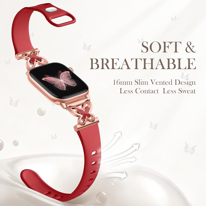 Lerobo Slim Silicone Band Compatible with Apple Watch Bands for Women | Dressy Metal Butterfly 16mm Thin Strap for iWatch Series 11 10 9 8 7 6 5 4 SE Ultra 38mm 40mm 41mm 42mm 44mm 45mm 46mm 49mm