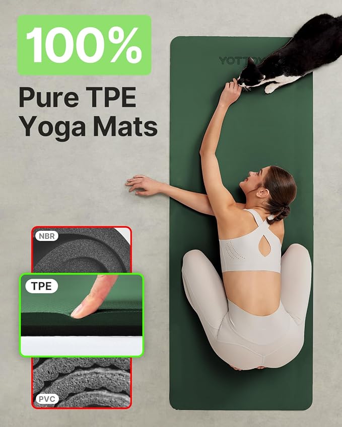 Yoga Mat,Non-Slip TPE Exercise Mat(1/4 Inch) for Pilates, Fitness & Barefoot Workouts, Home Gym Studio with Strap & Bag
