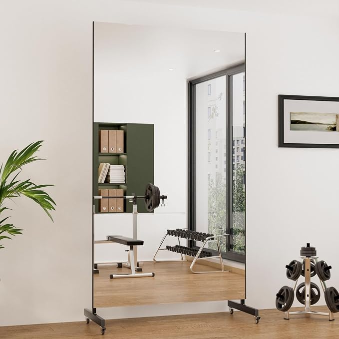 Home Gym Mirror 360° Swivel on Wheels, 75" X 47" Extra Large Full Body Rolling for Yoga, Nano Film Super Lightweight Unbreakable Full Length Mirror, （Black）