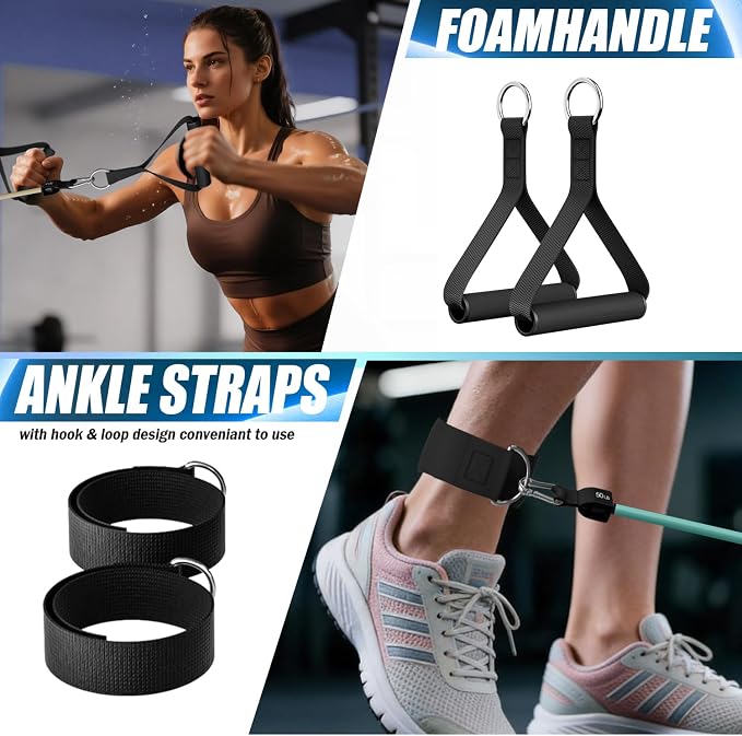 WHATAFIT Resistance Bands with Handles, 5-Level Exercise Bands for Workout | Natural latex,10-50 lbs, stackable to 150,Ankle Straps, Door Anchor,Guide. For Strength, Yoga,Home Gym,Travel & Workout.