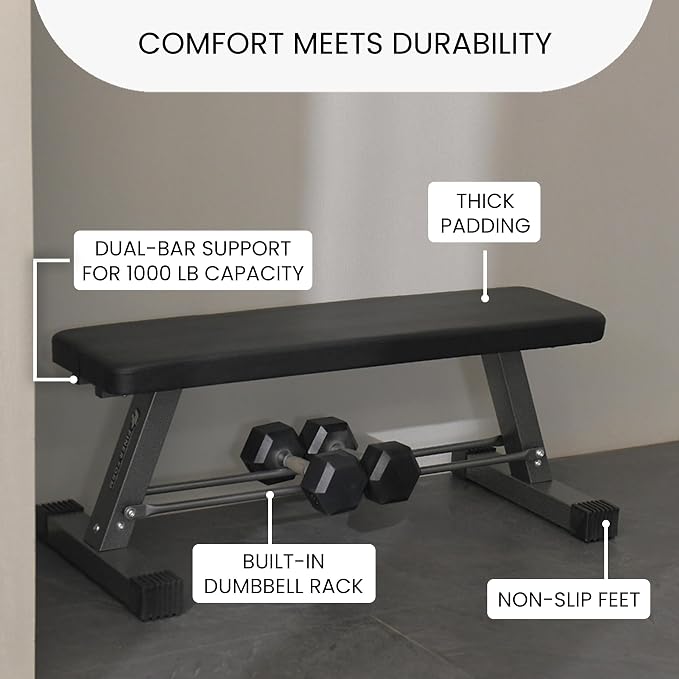 FF Finer Form Essential Flat Weight Bench for Your Home Gym – Heavy Duty Workout Bench for Bench Press, Hip Thrusts & Strength Training Exercise – Compact, Fitness Equipment for Home Use