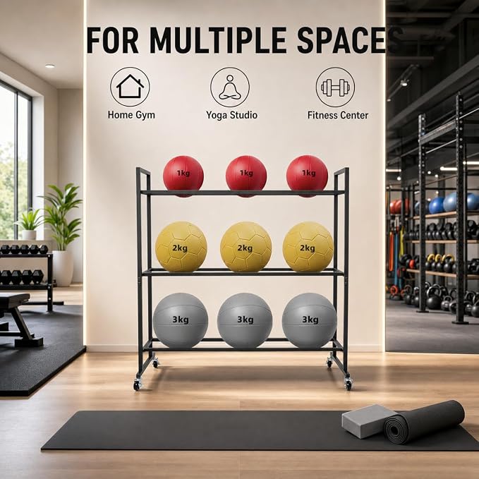 3 Tier Medicine Ball Rack with Wheels, Rolling Weight Ball Storage Stand for Home Gym with 20 lbs Capacity Per Shelf, Heavy Duty Fitness Holder for Slam Balls Wall Balls Exercise Balls, Indoor/Outdoor
