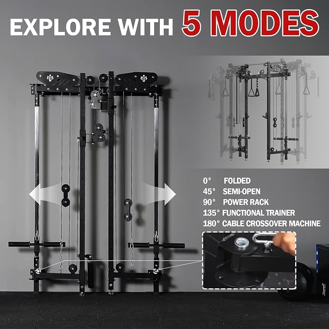Mikolo Folding Squat Rack, Wall Mounted Power Rack with Cable Crossover Machine & LAT Pull Down, Functional Trainer with 5 Adjustable Function Modes, Home Gym Package