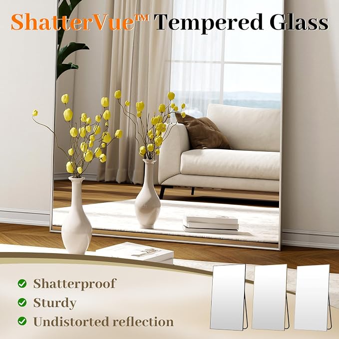 Easly Full Length Mirror with Stand 46"x76" Full Body Mirror Floor Mirror Standing Hanging or Leaning Wall, Wall Mirror with Stand Aluminum Alloy Frame for Living Room Bedroom Cloakroom,Silver