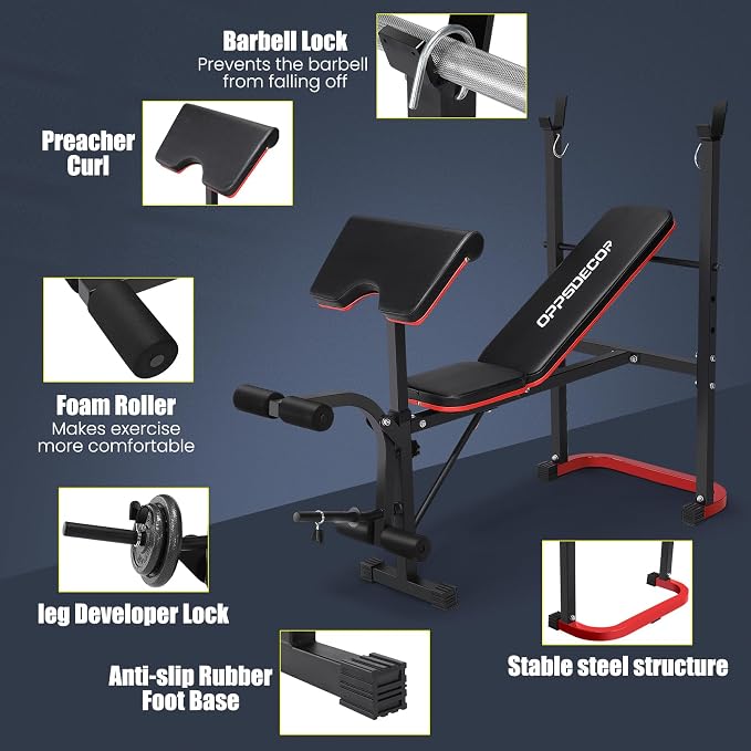 OPPSDECOR 661LBS Weight Bench Set, 8 in 1 Adjustable Bench Press with Squat Rack Leg Extension & Leg Curl Foldable Workout Bench with Safety Bar Catches Standard Weight Training Benches for Home Gym