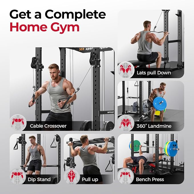 SPORTSROYALS Power Rack, Multi-Functional Power Cage, Squat Rack with Pulley System & LAT Pull Down, Workout Cage with J Hooks for Home Gym