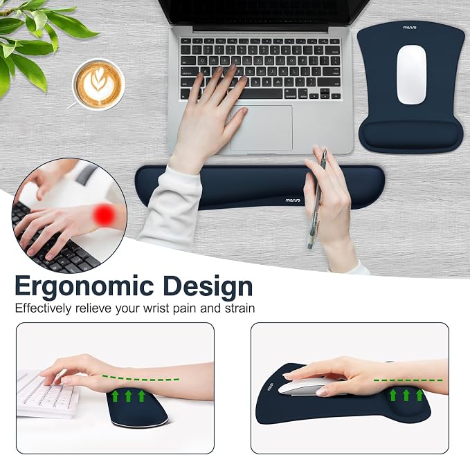MOSISO Wrist Rest Support for Mouse Pad & Keyboard Set, Ergonomic Mousepad Non-Slip Base Home/Office Pain Relief & Easy Typing Cushion with Neoprene Cloth & Raised Memory Foam, Haze Blue