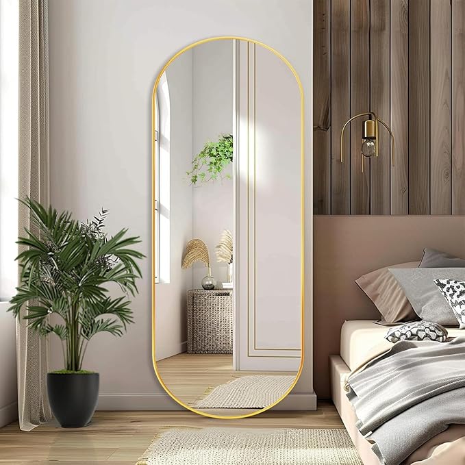 ZHUNFA Arched Full Length Floor Mirror, 64×21 Oval Full Floor Mirror | Large Wall Mounted Arched-Top Body for Living Room, Bedroom, Bathroom, Entryway, Dressing Room, gold