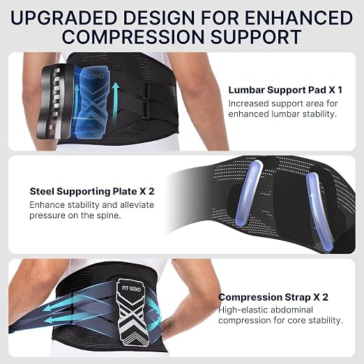 Fit Geno Back Brace for Lower Back Pain, Men & Women, Lumbar Support | An ergonomic lumbar pad and adjustable straps deliver targeted compression to support your lower back during the day
