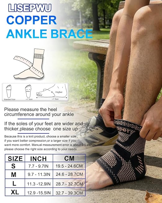 LISEPWU Copper Ankle Brace for Men & Women, Ankle Compression Sleeve 1 Pair | Infused Copper Ankle Support Sleeve for Foot Pain, Sprained Ankle, Achilles Tendonitis, Plantar Fasciitis, Daily Protection L