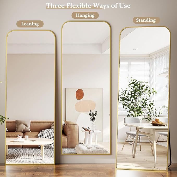 Full Length Mirror 65"x24" Arched Floor Standing Large Mirrors | Full Body Mirror with Stand - with Aluminum Frame for Bedroom Living Room, Gold