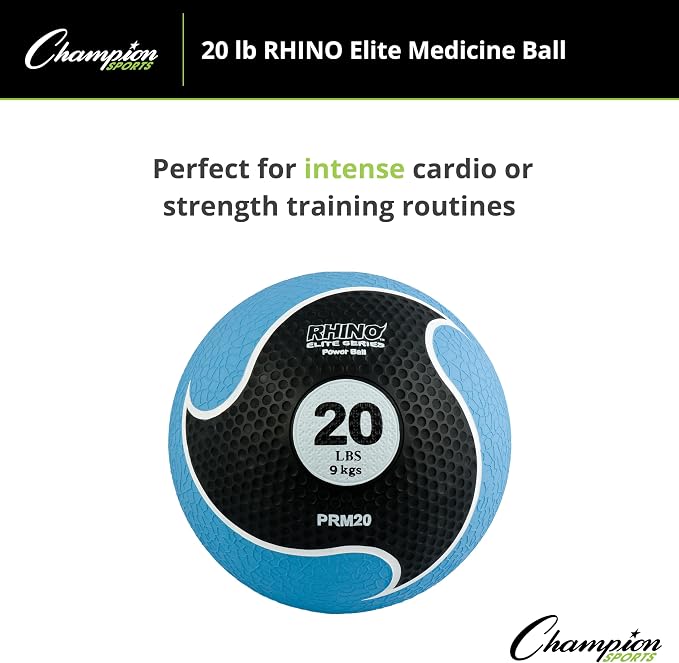 Champion Sports Rhino Elite Medicine Ball – Textured Surface, Superior Grip, Hollow Synthetic Rubber for Consistent Bounce & Durability, Multiple Weights & Colors - Optional Rebounder Sold Separately