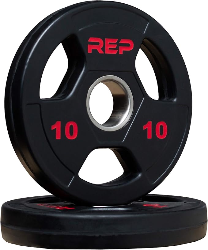 REP Fitness Rubber Coated Olympic Plates, Updated Design - Tri-Grip Olympic Barbell Weights – Sold in Pairs and Sets…