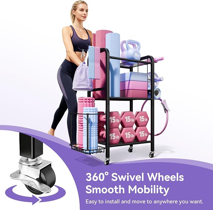 3-Tier Heavy-Duty Home Gym Storage Rack with Hooks and Smooth Wheels for Workout Gear