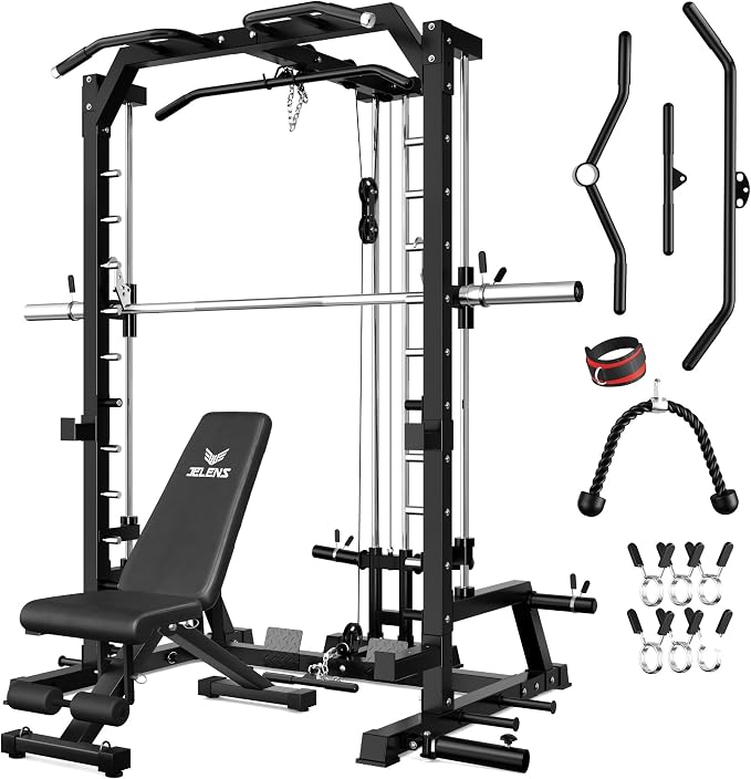 SR01 Smith Machine, 2000LBS Multi-Function Power Cage with LAT Pulldown System, All-in-One Home Gym Squat Rack with Smith Bar and Training Attachments for Full Body Workouts