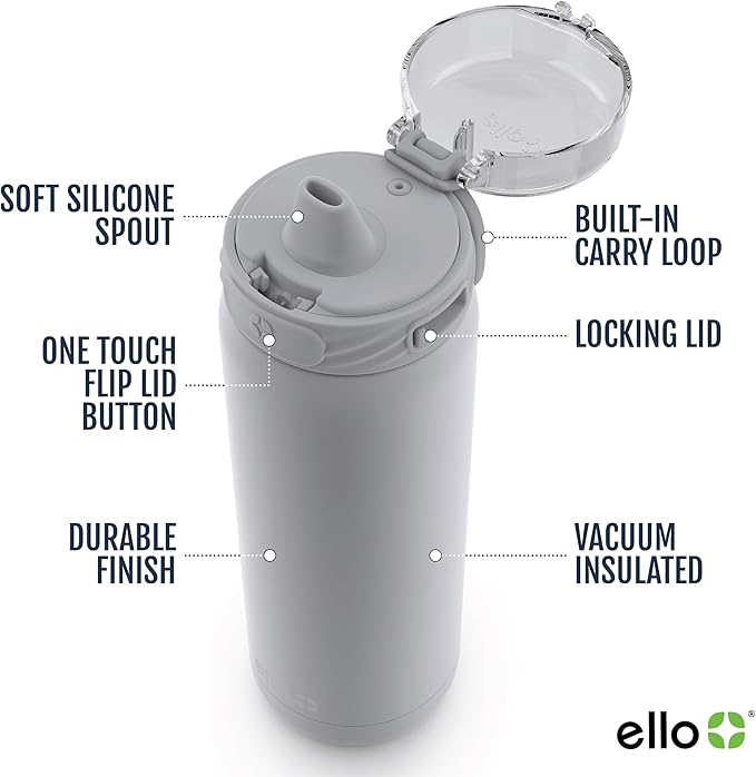 Ello Cooper 32oz Insulated Stainless Steel Water Bottle with Straw, Gray | Leakproof water bottle with straw and carry handle. BPA-free, keeps drinks cold 32 hours, great for gym, travel, and school.