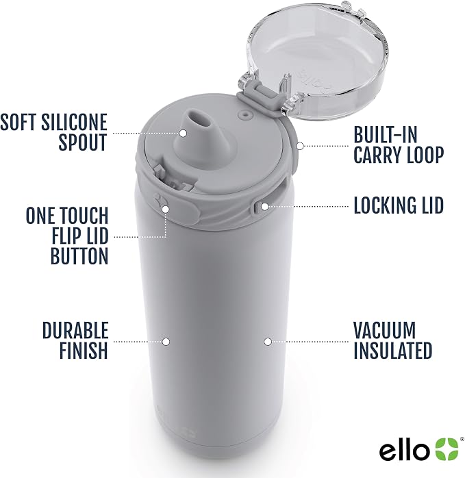 Ello Cooper 18oz Insulated Stainless Kids Water Bottle with Straw, Gray | Leakproof kids water bottle with straw and carry handle. BPA-free, keeps drinks cold 23 hours, backpack friendly for school.