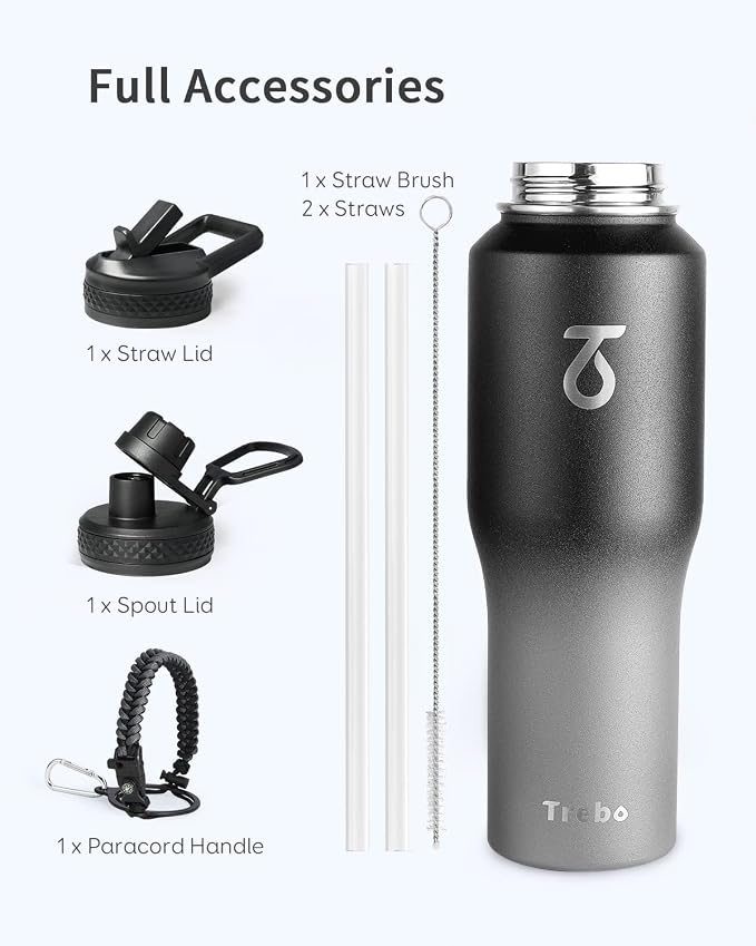 Trebo 32 oz Water Bottle Insulated Fits in Any Car Cup Holder with 2 Lids | Stainless Steel T-shape Tumbler with Paracord Handle, Triple Wall Vacuum Copper Plated, Cold 48 Hrs for Travel, Leakproof