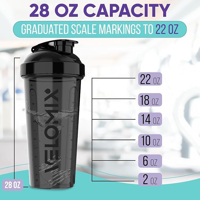 VELOMIX 2 Pack 28oz Protein Shaker Bottle for Protein Mixes, Black | 2x Wire Whisk, Leak Proof Shaker Cups for Protein Shakes, Stackable, Dishwasher safe, BPA free, Pre Workout and Gym ready