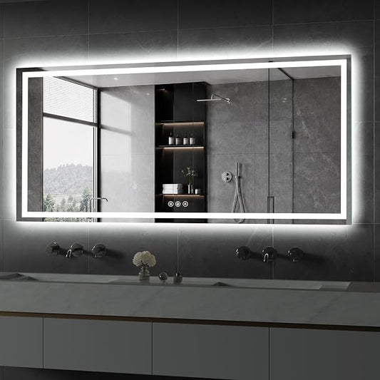 Koonmi 60x28 LED Bathroom Mirror with Light, Anti-Fog, 3 Colors | Backlit + Front Lit, Dimmable Brightness, Shatterproof HD Distortion-Free Tempered Glass, Hardware Included