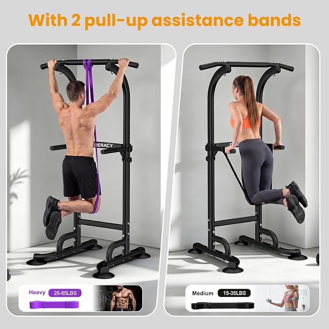 DERACY Pull Up Bar Free Standing, Power Tower with Pull Up Assistance Bands, Adjustable Height Pull Up Dip Station, Dip Bars for Home Gym Strength Training, Push Up Bar