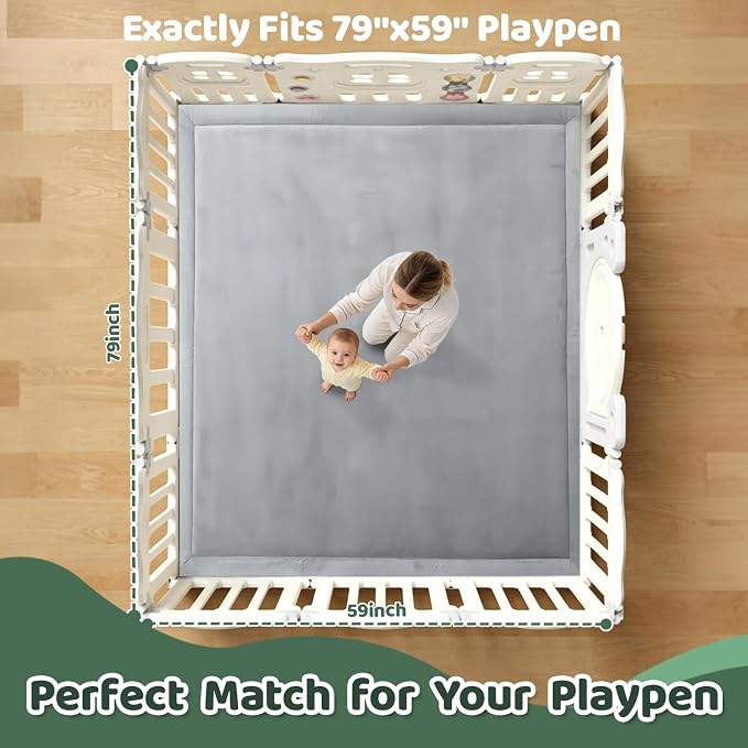 Baby Play Mat for Floor, 79'' x 59'' Thicken Foam Soft Padded Playmat for Tummy Time, Playpen Mat for Toddlers Infant Kids, Water-Repellent Coral Velvet, Non-Slip Bottom Safe for Crawling (Light Grey)