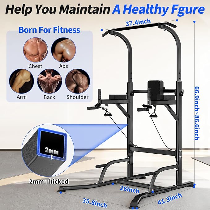 Power Tower Pull Up Bar and Dip Station,Adjustable 86.6 inches | Adjustable Height,Strength Training Equipment,Home Gym Workout,Multi-Function,Space-saving,Easy Assembly,Stable Structure