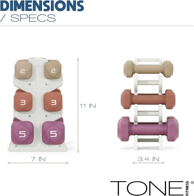 Tone Fitness Neoprene Dumbbell Set with Storage Rack – Non-Slip, Anti-Roll Hand Weights for Home Gym Workouts | 20 lb, 32 lb, 50 lb, 60 lb & 100 lb Options