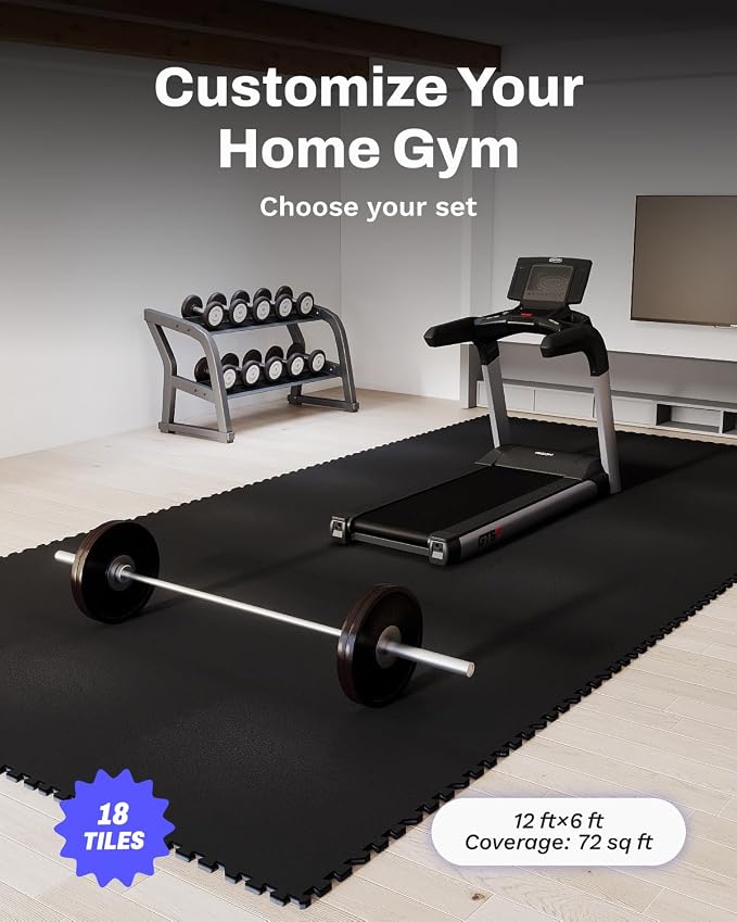 AIRHOP 0.79'' Extra-Thick 72 Sq Ft Rubber Top Gym Flooring for Home Gym | 18 Tiles, High Density EVA Foam, Waterproof & Non-Slip Rubber, Interlocking Puzzle Mats, Heavy Duty Floor Protection, 24"x24"