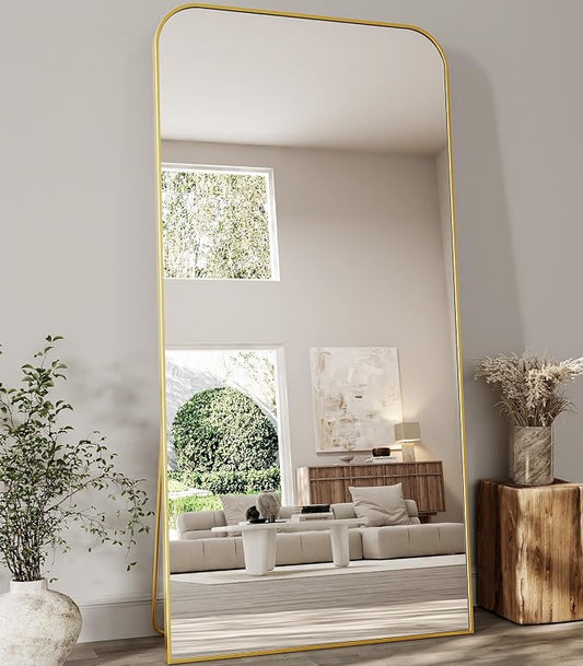 Koonmi Full Length Mirror, 78"x35" Mirror Full Length with Stand, Gold Domed Top Square-Edged Floor Mirror with Aluminum Alloy Frame for Bedroom Living Room