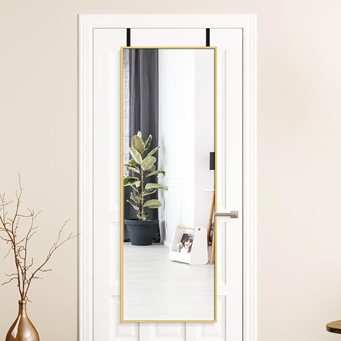 Alpen Gold Over The Door Mirror, 47x14 Inches Full Body Mirror Full Length | No Drill Closet Mirror for Bedroom, Space Saving Door Mount Design for Apartment Decor Outfit Checks
