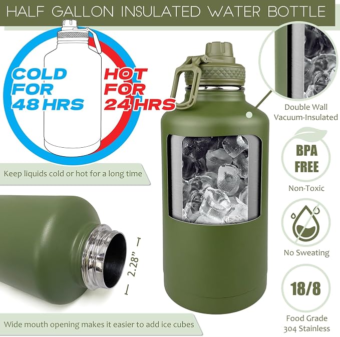 DEFUNX 64 Oz Insulated Water Bottle with Sleeve (All Military Green) - Half Gallon Water Jug with Handle - Stainless Steel Sports Water Bottle for Gym Workout Hiking Tactical Bottle with Pouch