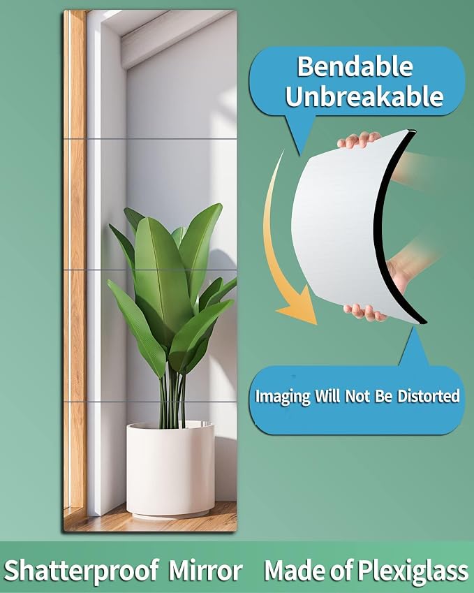 Shatterproof Wall Mirror Full Length for Bedroom, Acrylic Gym Mirrors For Home, Extra Thick : 0.12 IN, 14 x 12 Inches x 4 PCS, Workout Mirrors Safe for Kids, Over The Door, Long Wall Mounted Mirror