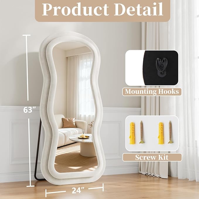 Mirror Full Length Flannel, 63"x24" Full Body Mirror with Stand | Flannel Floor Mirrors, Standing Mirror for Bedroom, Living Room, Dressing Room, Hanging Leaning Wall Mirror, Beige