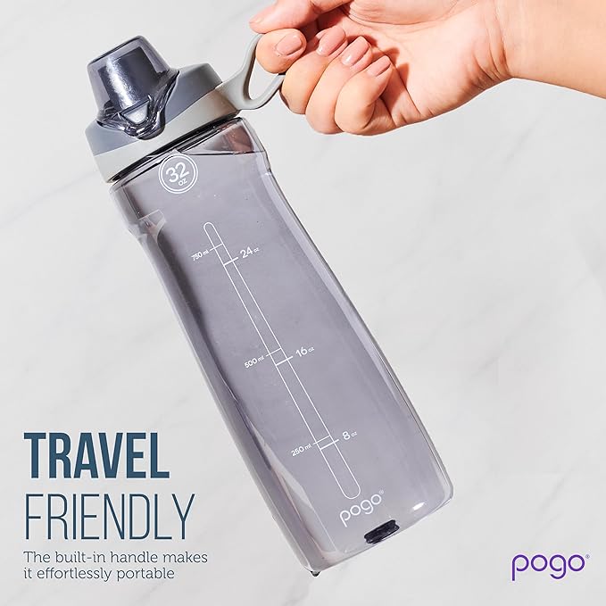 Pogo BPA-Free Tritan Plastic Water Bottle with Chug Lid, 18 Oz, Grey | Leakproof water bottle with chug lid and carry handle. BPA-free, great for travel, school, outdoors, and gym.