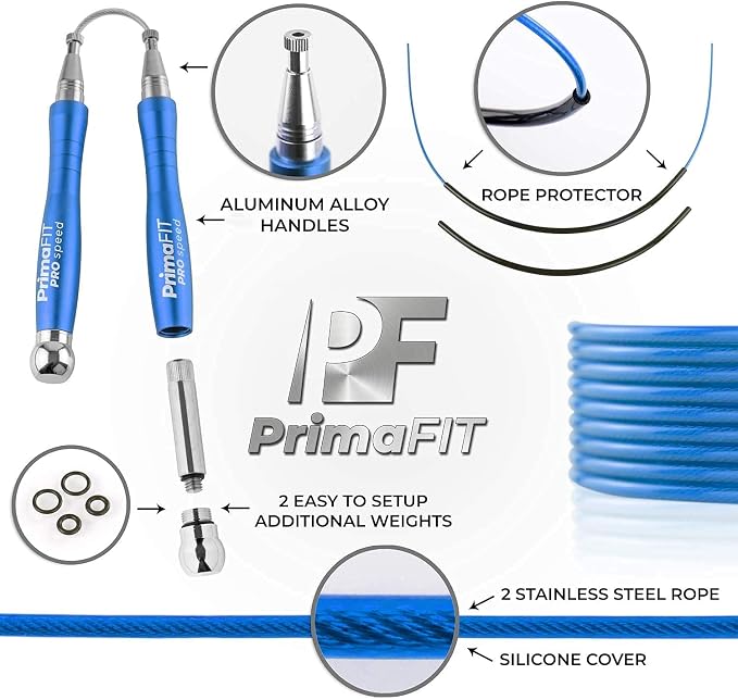 PrimaFIT Pro Speed Jump Rope for Adults, Weighted Skipping Rope for Boxing | Adjustable Jumping Rope for Fitness Workout & CrossFit Exercise, Double Unders, Handle Weights, 3m Cables 2 Protectors, Bag