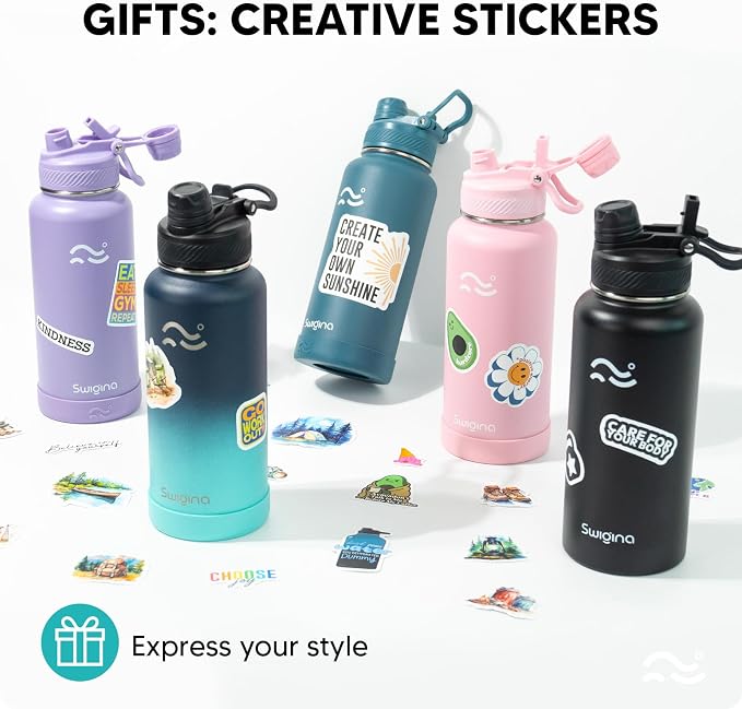 Swigina Insulated Water Bottle with Silicone Boot (36hrs Cold/18hrs Hot) - DIY Stickers, Leakproof, BPA Free, 24 oz [2-IN-1 LID]