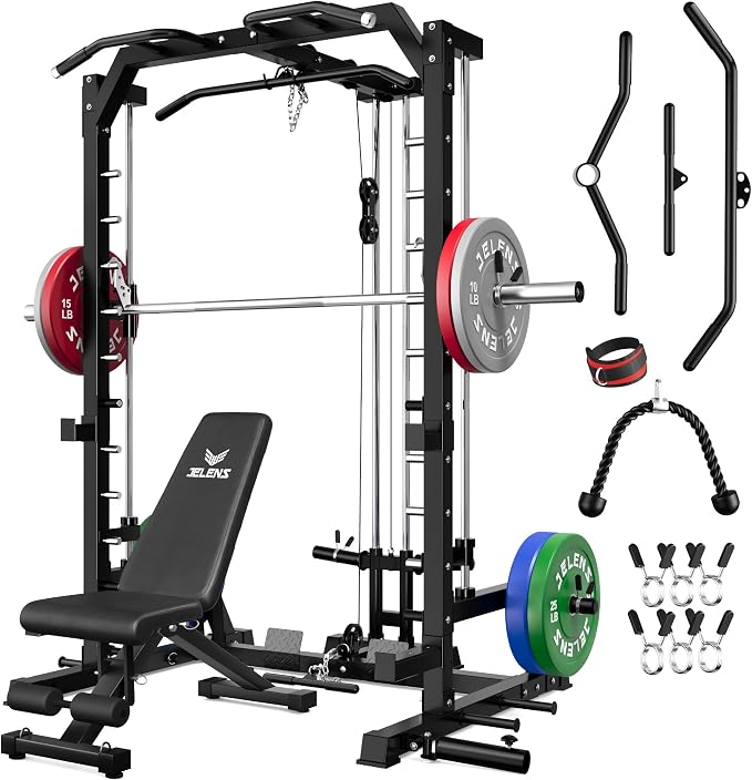 SR01 Smith Machine, 2000LBS Multi-Function Power Cage with LAT Pulldown System, All-in-One Home Gym Squat Rack with Smith Bar and Training Attachments for Full Body Workouts