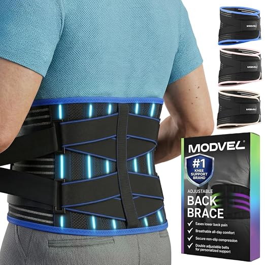 Modvel Back Brace for Lower Back Pain Women and Men – Lumbar Support Belt for Sciatica, Herniated Disc, Muscle Strain – Adjustable Breathable Work Brace with 6 Stays – Support for Posture
