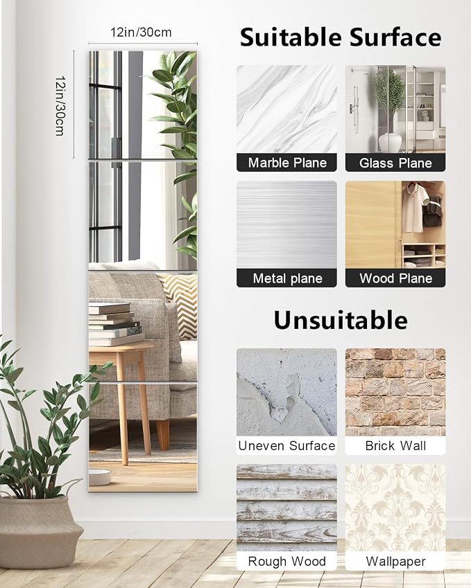 Full Length Wall Mirror Tiles, 12'' x 12'' x 4PCS, Acrylic Unbreakable Full Body Mirror for Bedroom Squares Shatterproof Mirror Sheets Wall Mounted for Home Gym Door Plexiglass Mirrors Safe for Kids