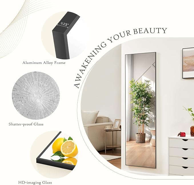 NEWBULIG 64"x21" Full Length Mirror, Full Body Standing Mirror, Black | Leaning or Standing, Tempered Glass, Aluminum Alloy Thin Frame Floor Stand for Bedroom, Cloakroom
