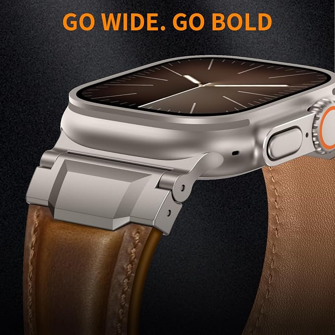 Bands Compatible with Apple Watch Ultra 3/2/1 Band 49/46/45/44mm | Genuine Leather Metal Connector Strap for iWatch Ultra Series 11/10/9/8/7/SE/6/5/4/3/2/1, Brown/Titanium