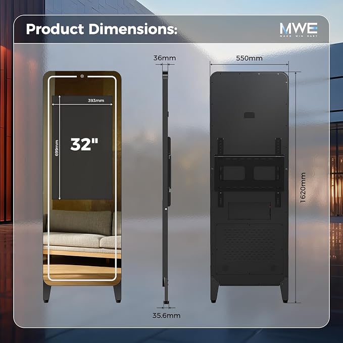 Smart Fitness Mirror, 32 Inch HD Touchscreen, 63 Inch Full-Length Workout Mirror, Android 12, RGB Music Sync, Wall Mount/Stand