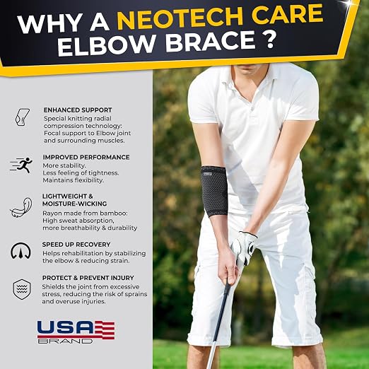 NeoTech Care Elbow Support Brace - Breathable - Men, Women, Right or Left (Black Color, Size L, 1 Unit)