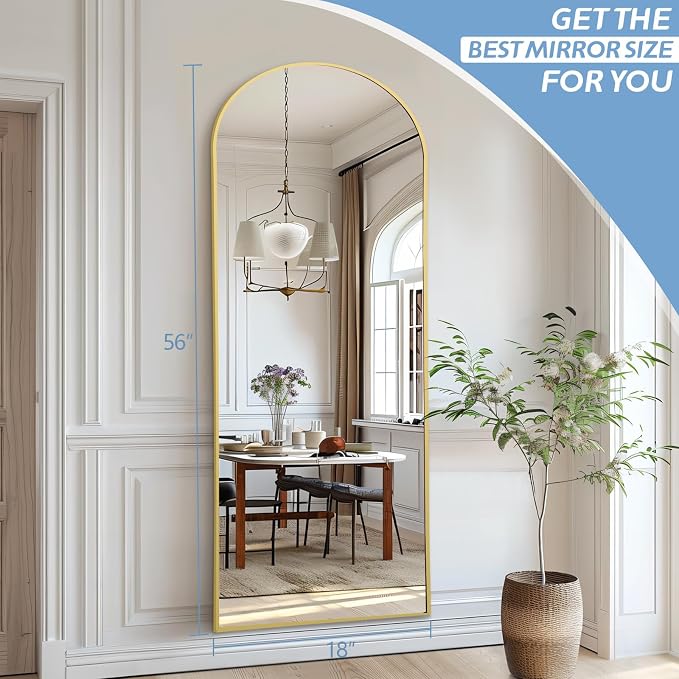 MirrMuse 56"x18" Arched Full Length Mirror, Gold Floor Mirror with Stand | Hanging or Leaning Against Wall, Tempered Glass, Full Body, for Bedroom Living Room, Aluminum Alloy Frame