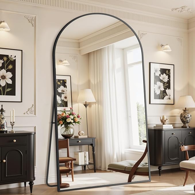 Suidia 90"x46" Arched Full Length Mirror with Stand, Full Body Mirror with Aluminum Frame, Freestanding/Leaning/Wall-Mounted, Floor Mirrors for Bedroom, Living Room, Entryway, Dressing Room, Black