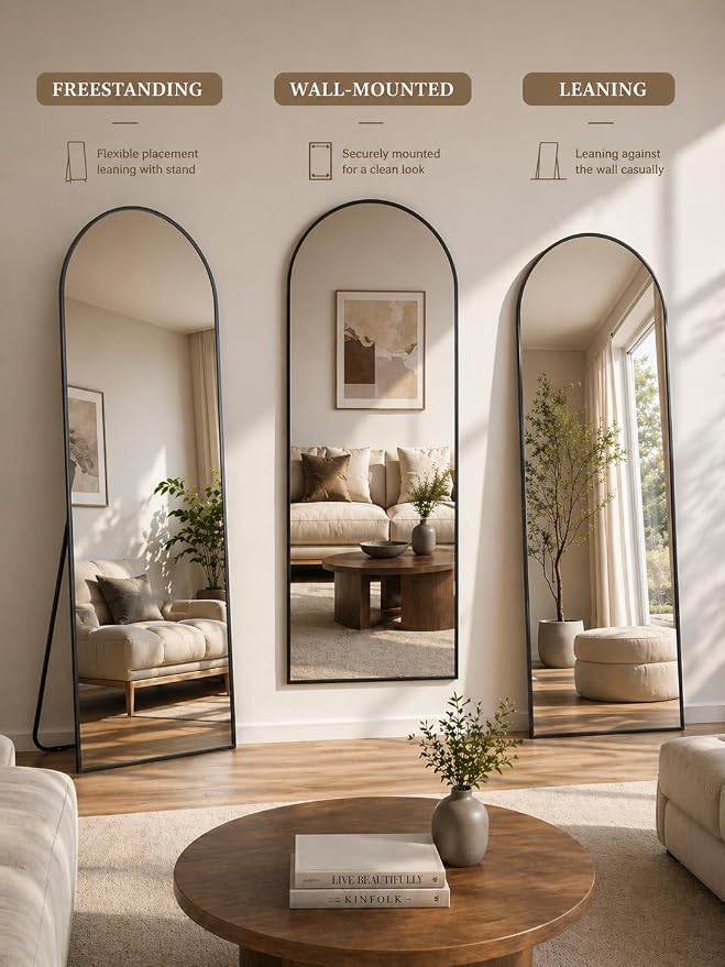 Full Length Mirror, 58.5"x18" Arched Floor Mirror Freestanding, Floor Standing Full Body Mirror with Stand for Bedroom, Hanging Mounted for Living Room Cloakroom (Black, 58.5" L x 18" W)