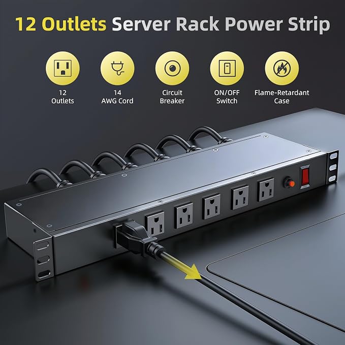 12-Outlet 1U Rack Mount PDU Power Strip – 6 Front/6 Rear Outlets, 15A 125V, 10ft Cord with Right-Angle Plug – for Server, Network & AV Racks