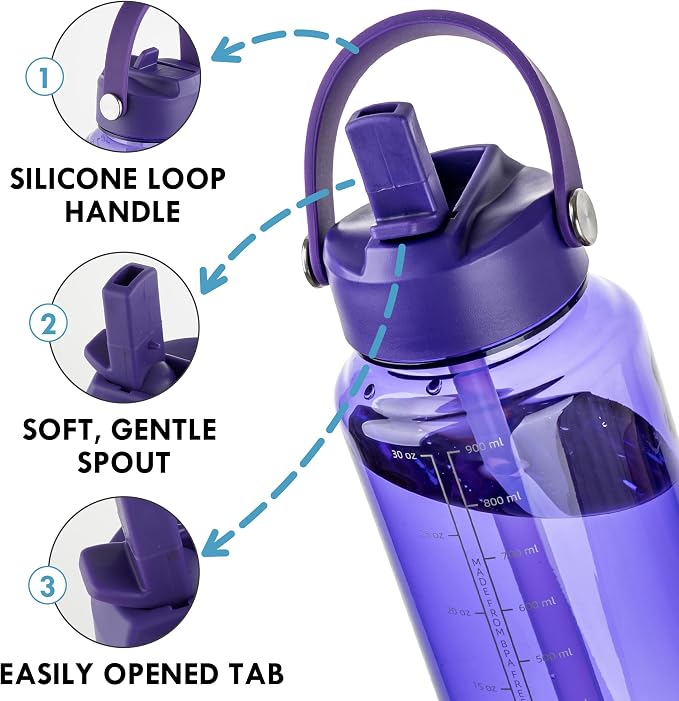 OLDLEY 32oz Water Bottle with Straw,Leakproof Tritan Clear Bottle with Marked Bottle and Carry Handle, BPA-Free Wide Mouth Reusable Sports Water Bottle for Gym,Hiking, Camping, Travel, Workout,Purple