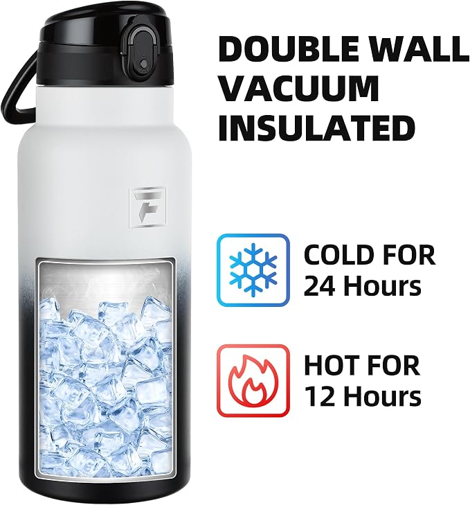 Fanhaw 32 Oz Insulated Stainless Steel Water Bottle with Chug Lid – Wide Mouth, Leak-Proof, BPA-Free – Ideal for Kids, Adults, Sports, Gym, and Outdoor Use (White Black)